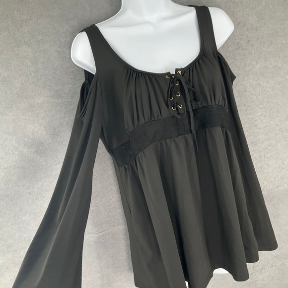 Unbranded Tops - Womens Black Cold Shoulder Lace Up Tunic‎ Top Plus Size XL Milkmaid Peasant Boho